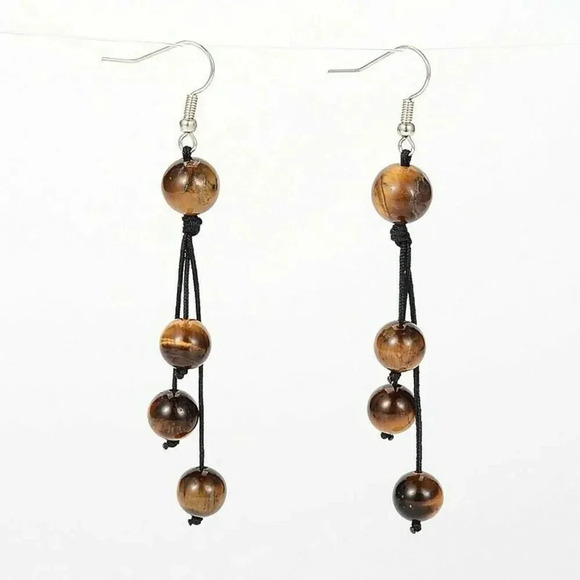 Natural Tiger Eye Brown Gemstone Black Silk Thread Knotted Dangle Earrings - Picture 1 of 1